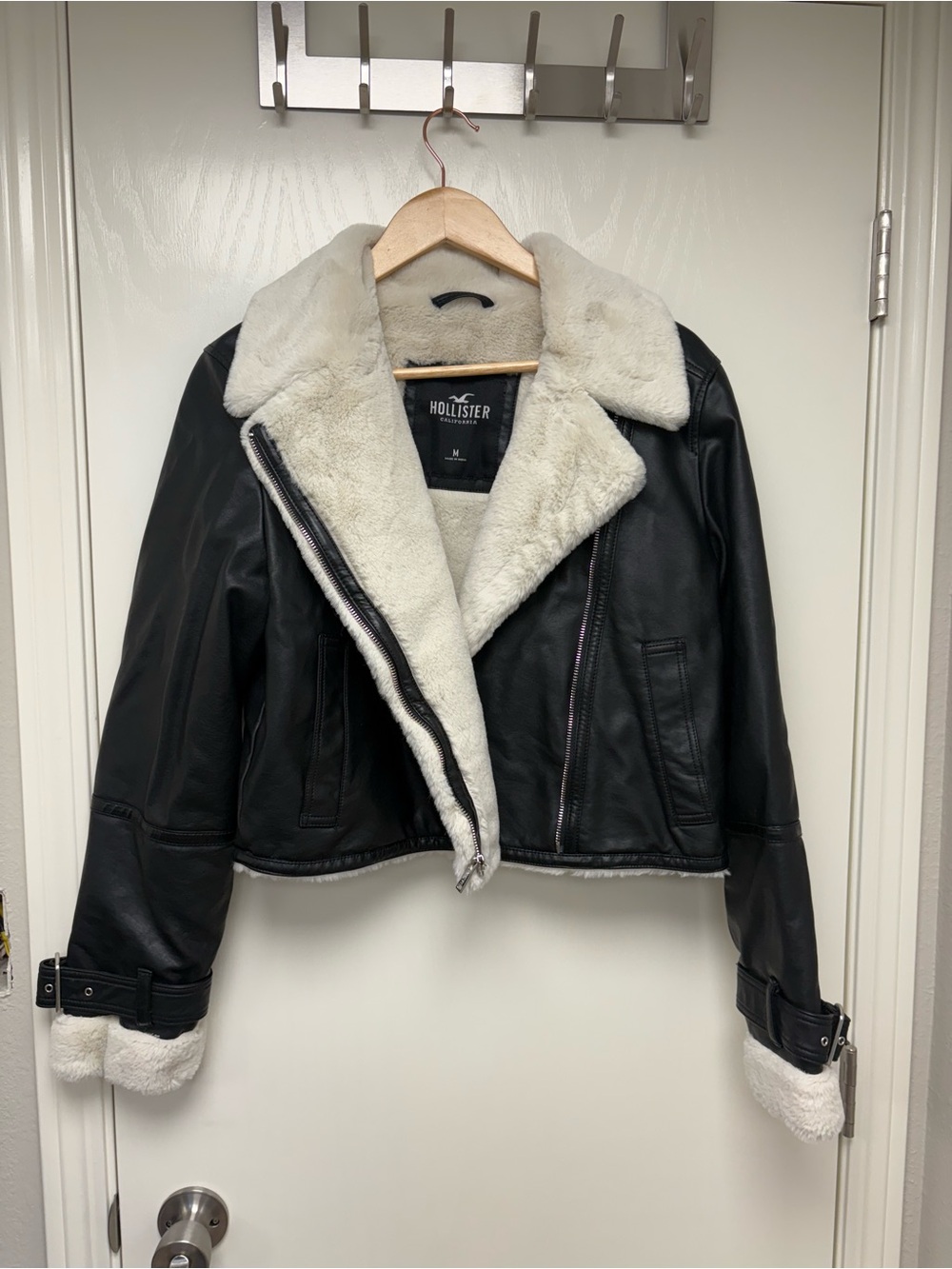 Hollister Black Moto Jacket with Cream Sherpa Trim
